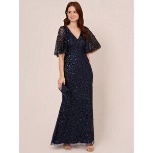 329$ Adrianna Papell Women's Sequin Mesh Capelet Maxi Dress Size 4 Navy Blue